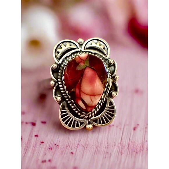 Red Rose Dahlia Teardrop Rope Sterling Silver Ring Adjustable - Picture 1 of 4